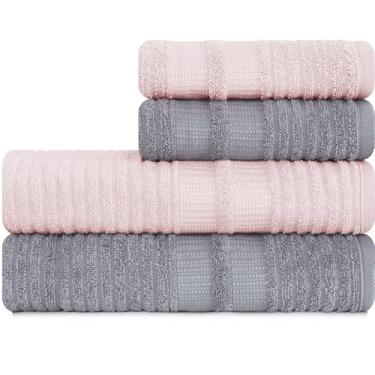 Imagem de Jogo de Toalhas 4 Peças Banhão e Rosto 100% Algodão - Brisa - Karsten (Cinza com Rosa)