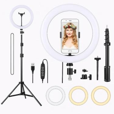 Imagem de Top 1 Ring Light 10'' Profissional 26cm Tripé 2,1m Anel de Luz LED 3 Cores Branca Quente Neutra Celular Bluetooth Maquiagem Live YouTube TikTok Vídeos Selfie Estúdio Fotografia Aula Online