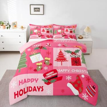 Imagem de Feelyou Conjunto de cama macio para meninos e meninas, decoração de Natal rosa, tamanho solteiro, feliz ano novo, edredom de microfibra, floco de neve, decoração de quarto, 2 peças com 1 fronha