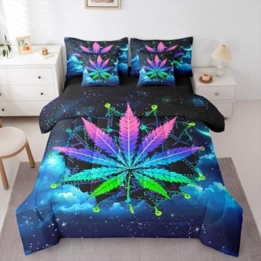 Imagem de Erosebridal Conjunto de edredom Queen com folhas de cannabis, 7 peças, cama mandala boêmia em uma bolsa, conjunto de cama de folha de maconha com edredom, lençóis, fronhas, galáxia, céu estrelado