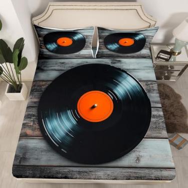 Imagem de Erosebridal Jogo de lençol casal vintage com discos de vinil preto com estampa de disco Cb, para crianças, meninos, meninas, musci, vinil, retrô, para adolescentes, mulheres, homens, casa