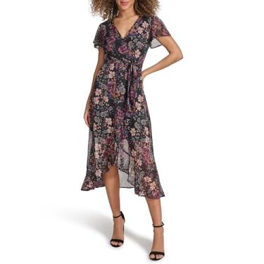 Imagem de Kensie Vestido midi feminino de manga curta com decote em V estampado Lurex chiffon rasgado, Preto Multi, 38