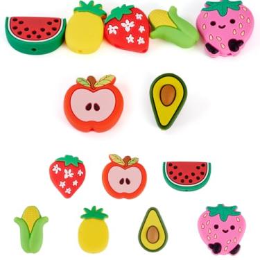 Imagem de Beadthoven 8 peças de contas focais de silicone de frutas para canetas, lindas contas de silicone de morango, maçã, abacate, frutas sortidas, espaçadores de borracha para chaveiros, pulseiras, cordões