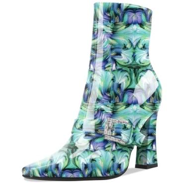 Imagem de Perisis Botas de cano curto, salto alto, grosso, preto, bico quadrado, fechado, curto, com zíper lateral, salto de 10 cm, padrão de crocodilo para mulheres e mulheres sexy, Patente floral-verde, 36