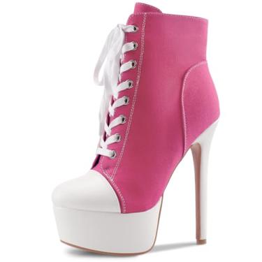 Imagem de Perisis Bota feminina preta plataforma tornozelo salto alto stiletto bota curta cadarço lona sapatos fechados bico redondo com zíper lateral para mulheres sexy primavera outono inverno, Lona