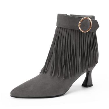 Imagem de Perisis Botas femininas com franjas, salto gatinho, preto, bico fino, camurça, cano curto, com zíper lateral, Cinza, 38