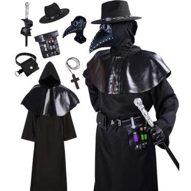 Imagem de Vezadina Fantasia de cosplay do Doutor da Peste Renascentista Medieval de Dia das Bruxas com chapéu, máscara, roupão, luvas e bengala (grande)