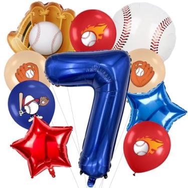 Imagem de Zailo Número de balões grandes com tema de beisebol de 81 cm, números de 0 a 9, suprimentos para aniversários, azul marinho, vermelho e branco, suprimentos para festas esportivas, conjunto de arco