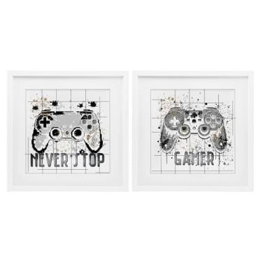 Imagem de Stupell Industries Jogo Gamer Words with Modern Pixels 2 peças de impressão emoldurada branca sob vidro, design por Kim Allen, 16 x 16