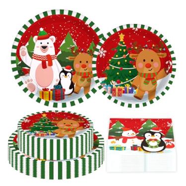 Imagem de 200 peças de artigos de festa de Natal, desenho animado, rena, pinguim, boneco de neve, pratos e guardanapos de papel descartáveis, conjunto de louça para festas de Natal, decorações de Natal, serve