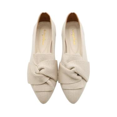 Imagem de unsylvion Sapatilhas femininas com bico fino, laço elegante e malha confortável, sapatos clássicos macios, Bege, 35