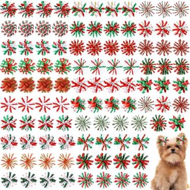 Imagem de SilTriangle 100 peças de laços de cabelo de cachorro encaracolado de Natal com faixas de borracha, acessórios de cabelo de Natal para cães pequenos e gatos (estilo misto)