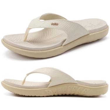 Imagem de KuaiLu Chinelo feminino 2025 ortopédico yoga tapete almofada sandálias elegantes femininas leves verão sem cadarço praia sandálias fio dental com suporte de arco de fascite plantar confortável, bege