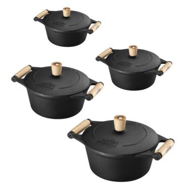 Imagem de Jogo De Panelas 4 Peças Em Ferro Fundido E Alça De Madeira Panela Mineira