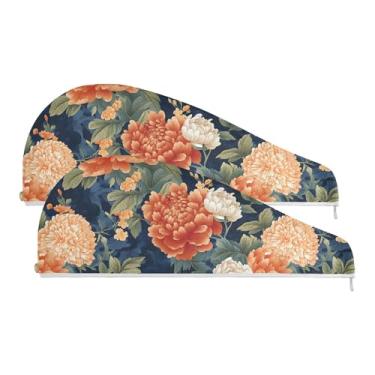 Imagem de SEHANY Toalha de cabelo de microfibra de flores coloridas elegantes para mulheres, 2 peças, turbantes de cabelo de secagem rápida com botão, touca de cabelo seco absorvente toalha de secagem de cabelo