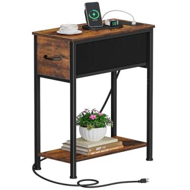 Imagem de Vagusicc Mesa de canto com estação de carregamento, mesa lateral estreita com tomadas, mesa de cabeceira fina com gaveta de tecido, mesas de cabeceira pequenas para sala de estar, mesas de cabeceira