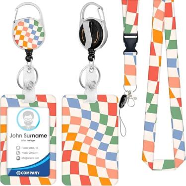 Imagem de Cordões xadrez coloridos para crachás de identificação, suporte de crachá de identificação engraçado com cordão separável carretel retrátil, porta-cartão de identificação, clipe de crachá de nome para