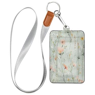 Imagem de SEHANY Porta-crachá de couro de flores silvestres verdes com cordão, porta-crachá de identificação com 1 janela transparente para identidade e 2 compartimentos para cartão para funcionários de