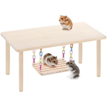 Imagem de Parque infantil de madeira de pinheiro natural com corrente suspensa - pequeno centro de atividades animadas, gaiola de brinquedo para mastigar segura, móveis para hamsters anões, ratos, gerbos, ratos