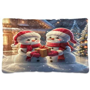 Imagem de SEHANY Cama de Natal com flocos de neve, boneco de neve, para cães, gatos, com fundo antiderrapante, caixa de canil, colchão macio, lavável, para cães pequenos, médios e grandes, gatos, 91 x 61 cm