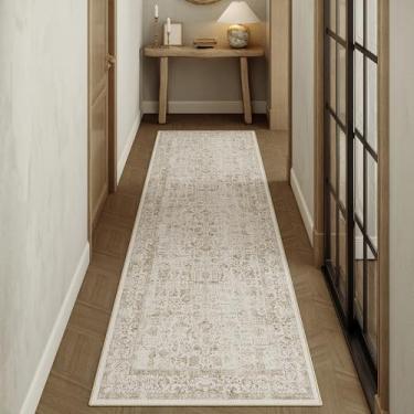Imagem de PureCozy Tapete de corredor marrom claro 7 x 18 cm lavável na máquina cozinha vintage envelhecido antiderrapante tapete longo retrô floral quarto tapete para banheiro escritório lavanderia sala de