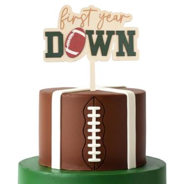 Imagem de YBEATY First Year Down Wooden Cake Topper Football 1st Birthday Party Decorations Sports Themed Wood Parties Favors for Football Sign Anniversary Photo Backdrop Props Athlete Shower Gatherings