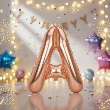 Imagem de Balões grandes de letra A em ouro rosa de 81 cm, balões de alfabeto Mylar preenchidos com hélio para festas de aniversário e decorações de aniversário, suprimentos de decoração de festa em ouro rosa