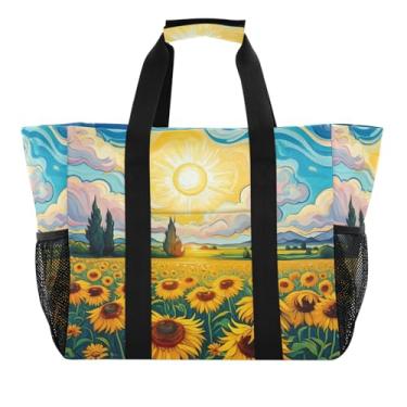 Imagem de Wassud Sacos de mercearia reutilizáveis de campo de girassóis grande bolsa organizadora de lona impermeável para praia, piquenique, lavanderia, viagem