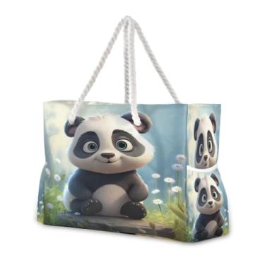 Imagem de Wassud Bolsa de praia com panda floresta, grande, para mulheres, impermeável, à prova de areia, bolsa de viagem com zíper e bolso para piscina, academia, acampamento
