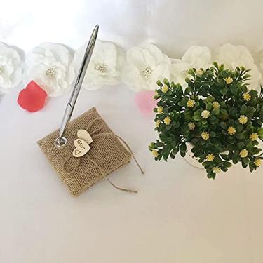 Imagem de Caneta de Assinatura Casamento com Porta-Caneta Juta e Suporte Corações Madeira Decoração Noiva Acessório Livro Convidados Vintage para Dias Especiais