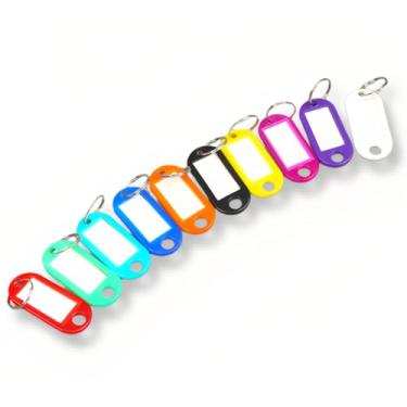 Imagem de 250 etiquetas de chave de plástico com etiquetas, 10 etiquetas de chave de cores sortidas para nome, bagagem, etiquetas de identificação, identificadores de chave com anel dividido