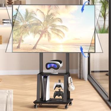 Imagem de Suporte de TV com rodinhas para TVs de tela plana/curva de 23 a 60 polegadas, carrinho de TV móvel inclinado com 2 prateleiras, suporte de TV portátil com altura ajustável comporta até 22,7 kg para