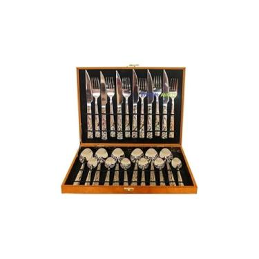 Imagem de Conjunto de Talheres 24 Peças em Aço Inoxidável com Maleta Dourada, Acabamento Espelhado, Inclui Facas, Garfos, Colheres de Mesa e Sobremesa