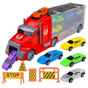 Imagem de Caminhão Carreta Rampa Garagem Com 6 Carrinhos Em Metal Coloridos Com 