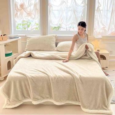 Imagem de Cobertor de lã fofo feminino masculino para cama adulto longo casal solteiro para sofá de camada dupla de lã macio confortável grosso quente para primavera outono inverno (bege, 120 x 200 cm)