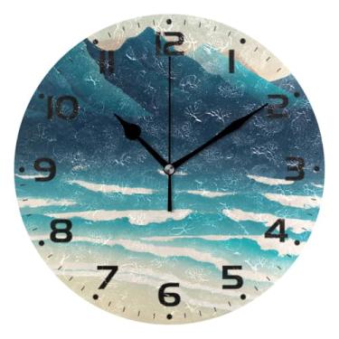 Imagem de JUZIHAI Relógio de parede com mar e montanhas, silencioso, redondo, sem tique-taque, operado por bateria, fácil de ler, relógio decorativo de parede para casa, cozinha, sala de estar, quarto