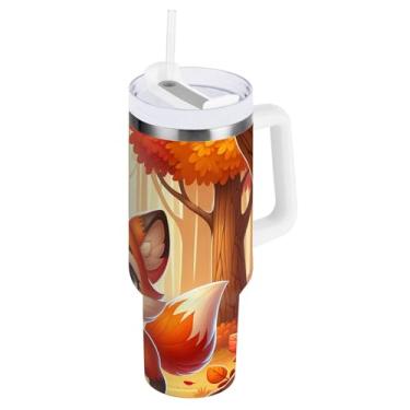 Imagem de ODAWA Copos de copo com isolamento de floresta de outono de raposa grande e fofa com alça e tampa de palha, copo de aço inoxidável com tampa 2 em 1
