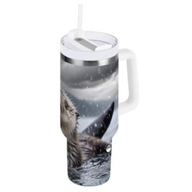 Imagem de Copo grande à prova de derramamento com palha, lindo copo de aço inoxidável isolado de lontra com canudo e alça