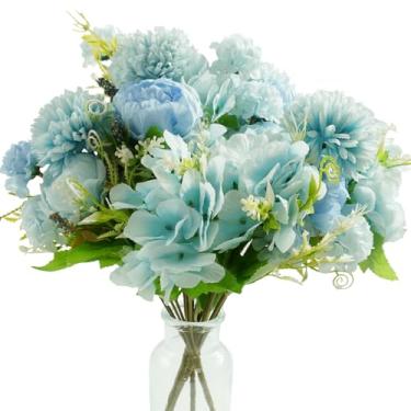 Imagem de Bairdish 4 pacotes de flores artificiais mistas azuis - peônias de seda falsas mães e buquê de hortênsias para noivas, arranjos florais falsos para casa, mesa de centro, cozinha, decoração de festa de