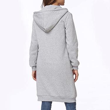 Imagem de Snsowed Nova Moda Feminina Com Capuz Longo Moletom Com Capuz Casaco Casual Bolsos Zíper Sólido Jaqueta (L)