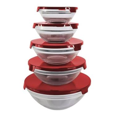 Imagem de Conjunto 5 Potes de Vidro Herméticos com Tampa, Vermelho, 140ml a 870ml, Material Vidro