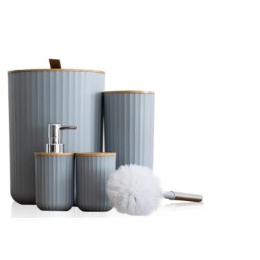 Imagem de Kit para Banheiro Minimalista com Bambu Lixeira Dispenser Porta-Escova Copo e Acessórios Decorativos (4 Peças Bege)