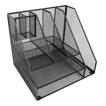 Imagem de Hyuduo Organizador de Mesa de Escritório, Bandeja de Carta de Papel de Malha de Ferro Preto de 3 Camadas Com 2 Porta-canetas e Estrutura de Metal de Rack de Arquivo para Organização de