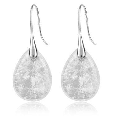 Imagem de Brincos Pendentes em Formato de Lágrima Ágata, Contas de Pedra Natural Brincos com Gancho Joias Modernas com Pingente para Mulheres (Branco e Prata)