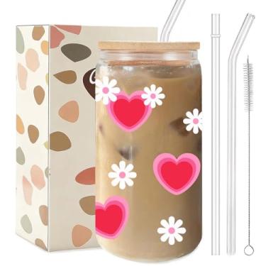 Imagem de TAGDANK Copo de vidro com flor de coração, 473 ml, presente floral para dia dos namorados com tampa e canudos, copo romântico fofo para esposa, filha, mãe, presente de dia das mães para mulheres