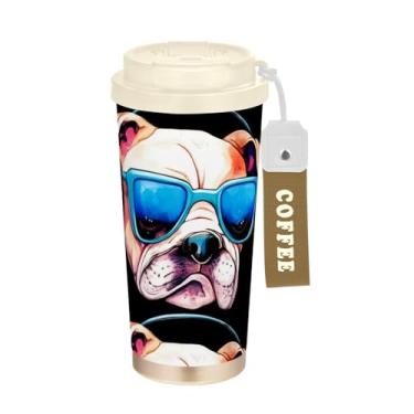 Imagem de TSENQUE Caneca de café de viagem 40 ml com canudo e tampa, copo de café de viagem de aço inoxidável à prova de vazamento para escritório, escola, festa, acampamento, buldogue legal engraçado preto