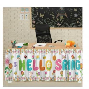 Imagem de Windkream Saia de mesa para sala de aula Hello Spring 73,7 cm x 2,7 m para mesa de professores retangular saia de mesa colorida primavera saias de mesa para professores decorações de sala de aula