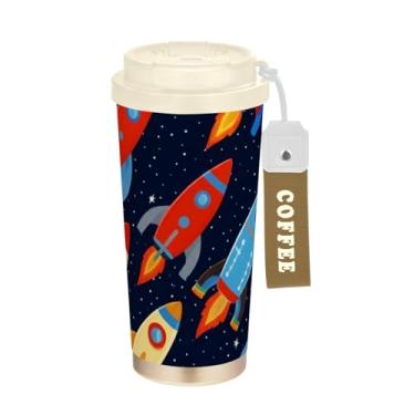 Imagem de TSENQUE Caneca de café de viagem de 473 ml com tampa de canudo e filp, copos de parede dupla isolados a vácuo com revestimento cerâmico, foguetes retrô azul