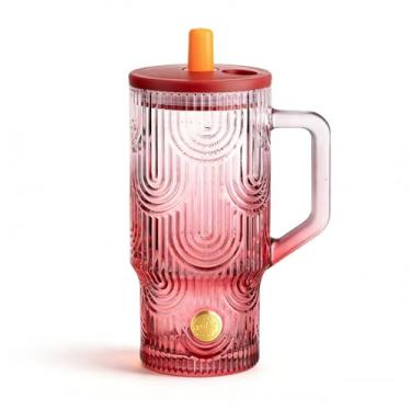 Imagem de Mualuwi Copo de 590 ml com alça, copos de vidro com tampas e canudos, à prova de vazamento, sem BPA, rosa