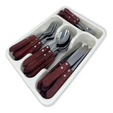 Imagem de Jogo de Talheres com Porta Talher, 25 Peças, Cabo de Madeira, Inox, com Divisória, Inclui Facas Garfos e Colheres